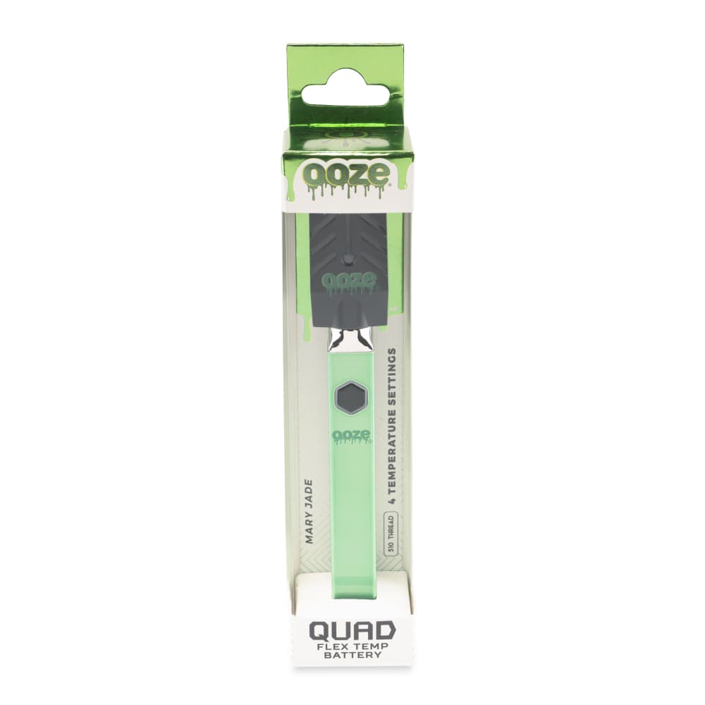 A slightly angled view of the Ooze Quad 510 Thread 500 mAh Square Vape Pen Battery, showing its rectangular shape and branding on a dark background.