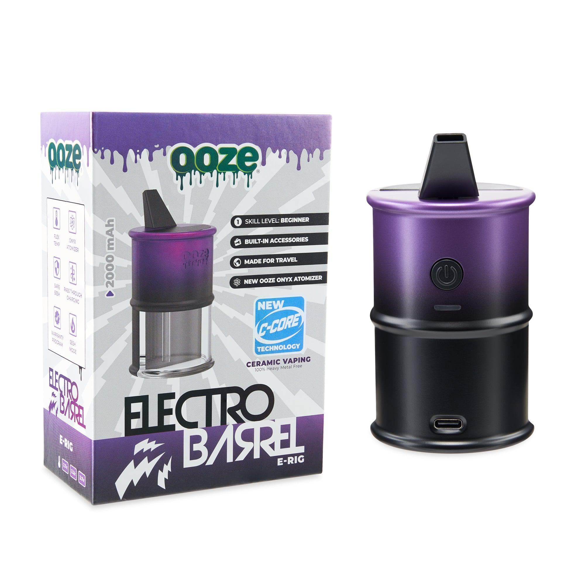 Front view of the Ooze Electro Barrel E-Rig, a black and silver device with a cylindrical shape against a light gray backdrop.