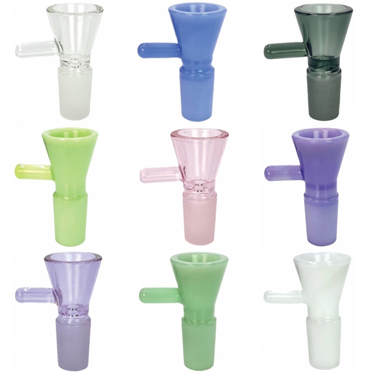 Grid-style front view of nine Prism 18mm Bowls in clear, blue, green, pink, purple and smoke glass arranged in three vertical columns on a white background