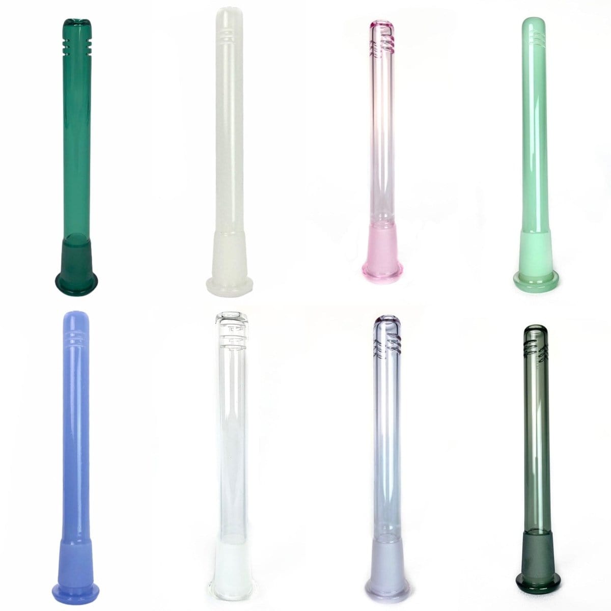 Grid view of nine Prism Downstems in varying translucent colors shown upright on a white background, photographed straight-on to highlight their cylindrical tubes and flared joints.