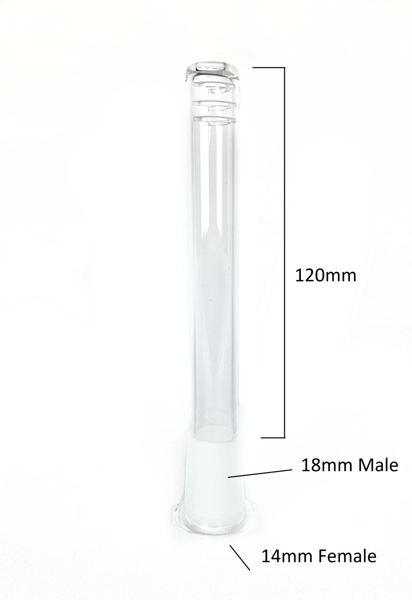 Center-frontal view of a clear Prism Downstems glass tube standing upright on white background with printed size markers beside it.