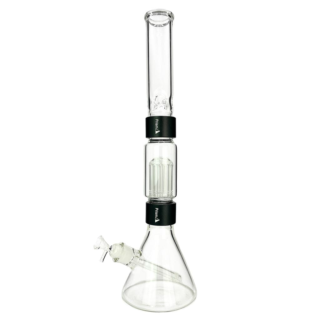 Centered front view of the Prism Beaker Double Stack showing clear glass beaker base, two stacked chambers with black connectors, and angled downstem.