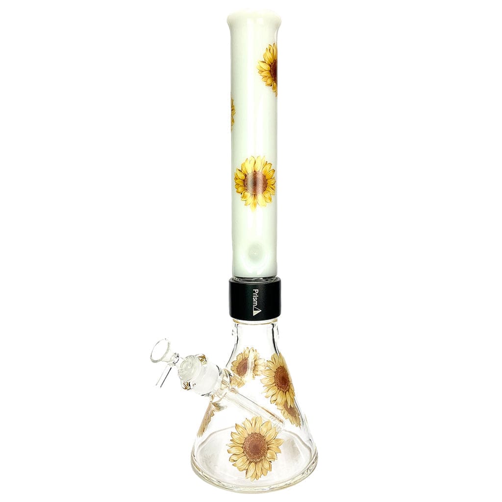 Front view of the Prism Sunflower Beaker Single Stack showing a tall, straight white neck and clear beaker base decorated with repeated yellow sunflower motifs.