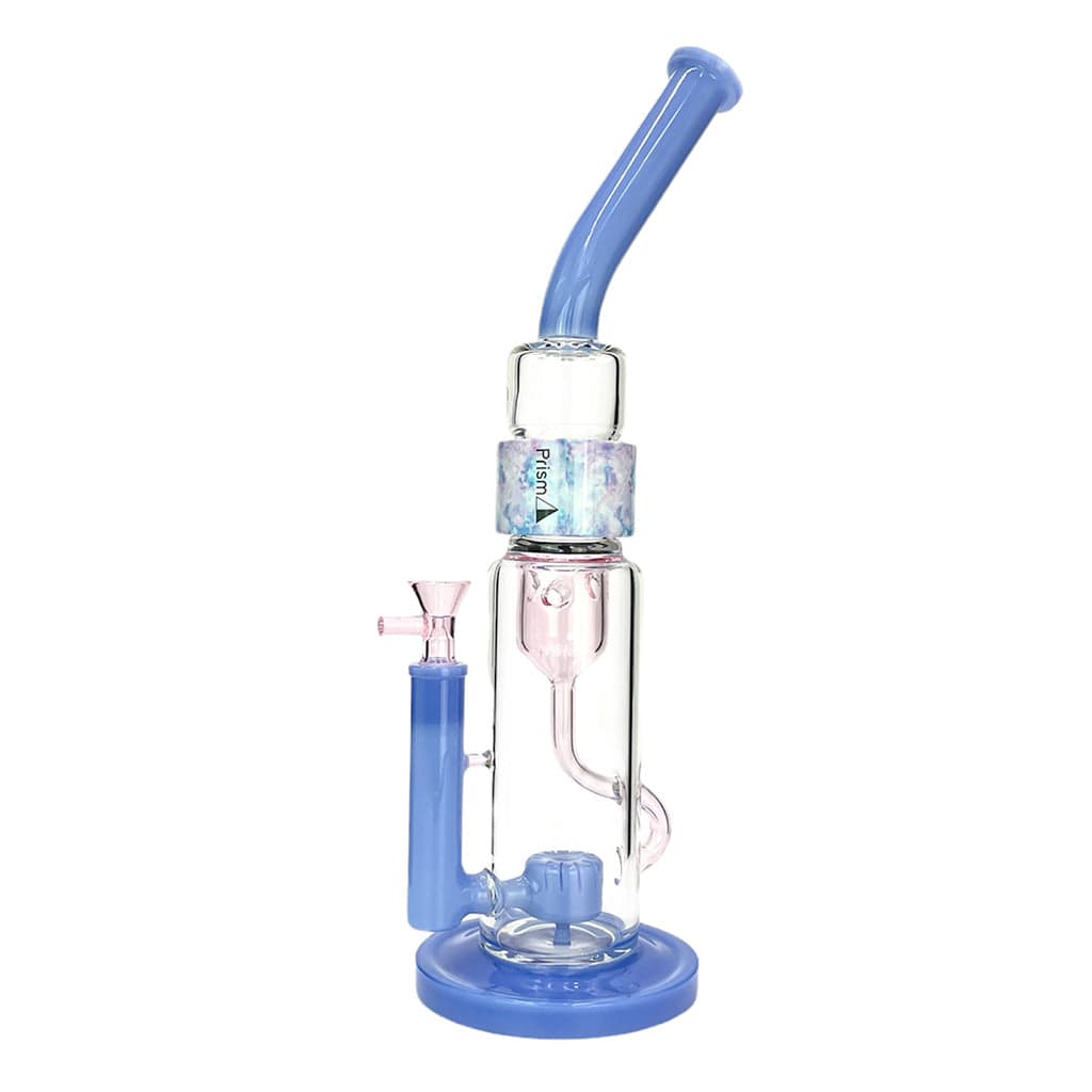 Prism Klein Incycler Single Stack shown front-on with a cotton-candy blue angled mouthpiece, clear central chamber, and matching blue base.