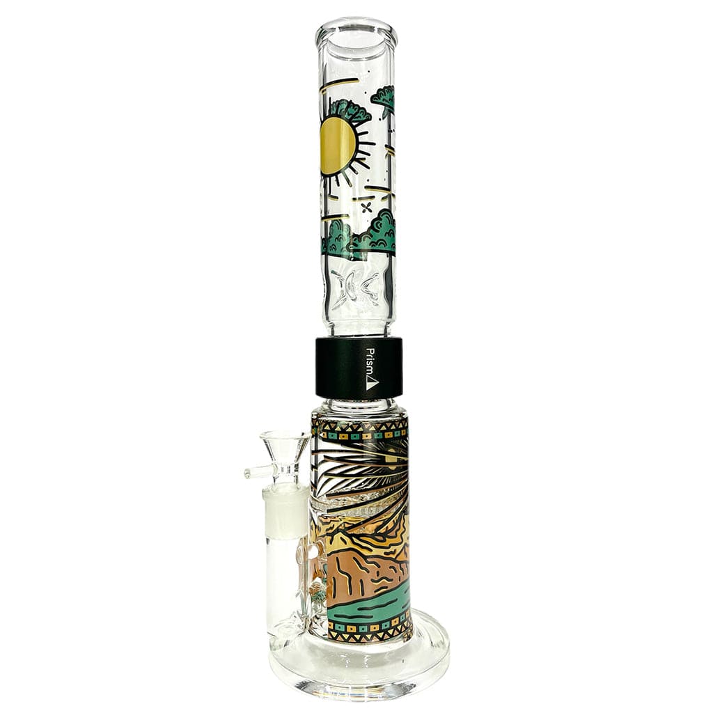 Straight-on view of the Prism Desert Dream'N Big Honeycomb Single Stack glass bong with colorful desert sun and landscape artwork on a white background