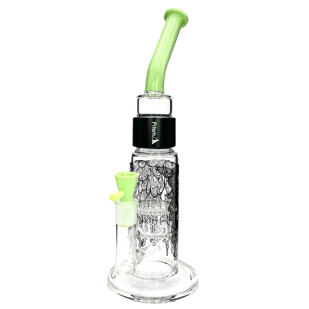 Front-facing view of a clear glass water pipe with lime-green bent mouthpiece and bowl, showing black Prism Drippy Big Honeycomb Single Stack logo and intricate drip-pattern artwork on the tube.
