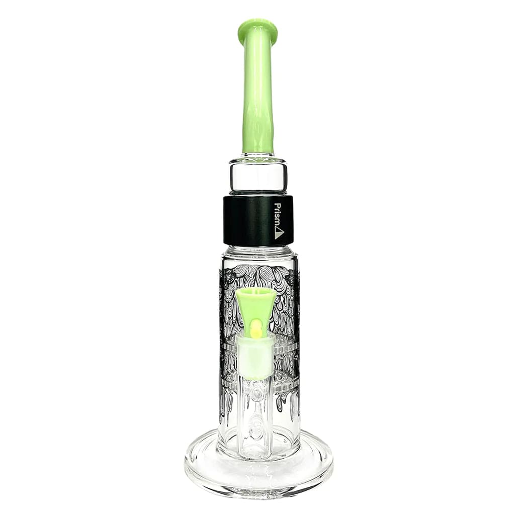 Straight-on view of a tall clear glass piece with neon green accents and honeycomb percolator, the Prism Drippy Big Honeycomb Single Stack centered on a white background.