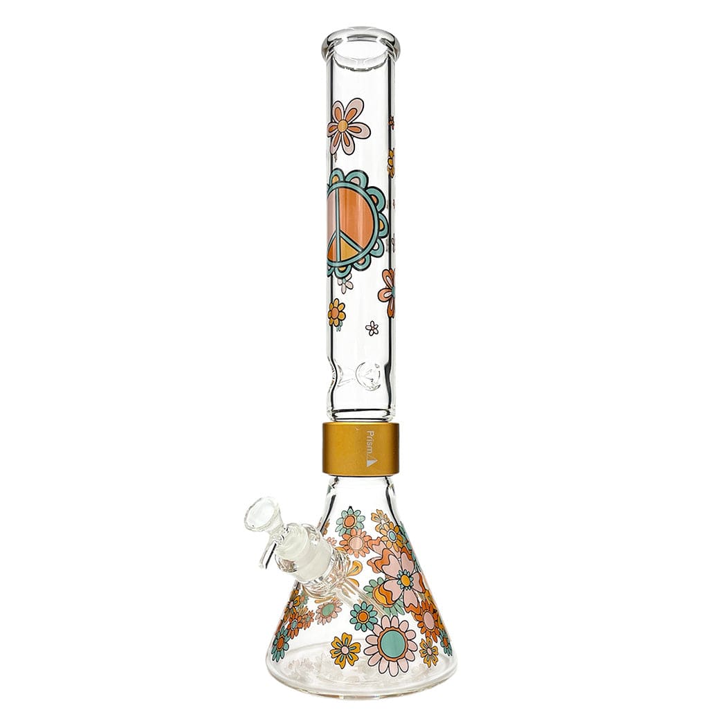 Center-front view of the Prism Flower Power Beaker Single Stack showing its tall straight tube and floral peace‑sign graphics on a white background.