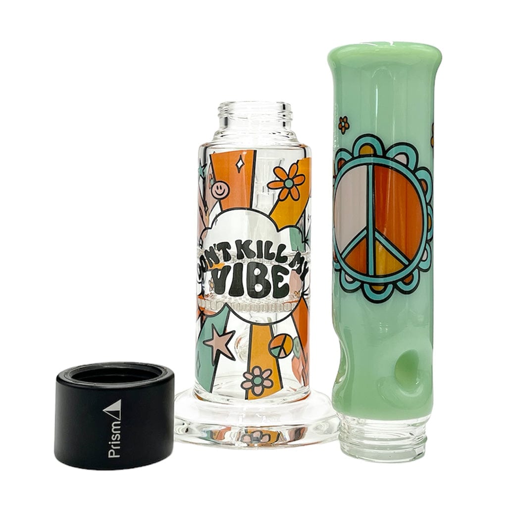 Studio-style front view of the Prism Flower Power Big Honeycomb Single Stack showing a clear decorated honeycomb chamber with retro "Don't Kill My Vibe" art beside a mint green peace-sign mouthpiece.