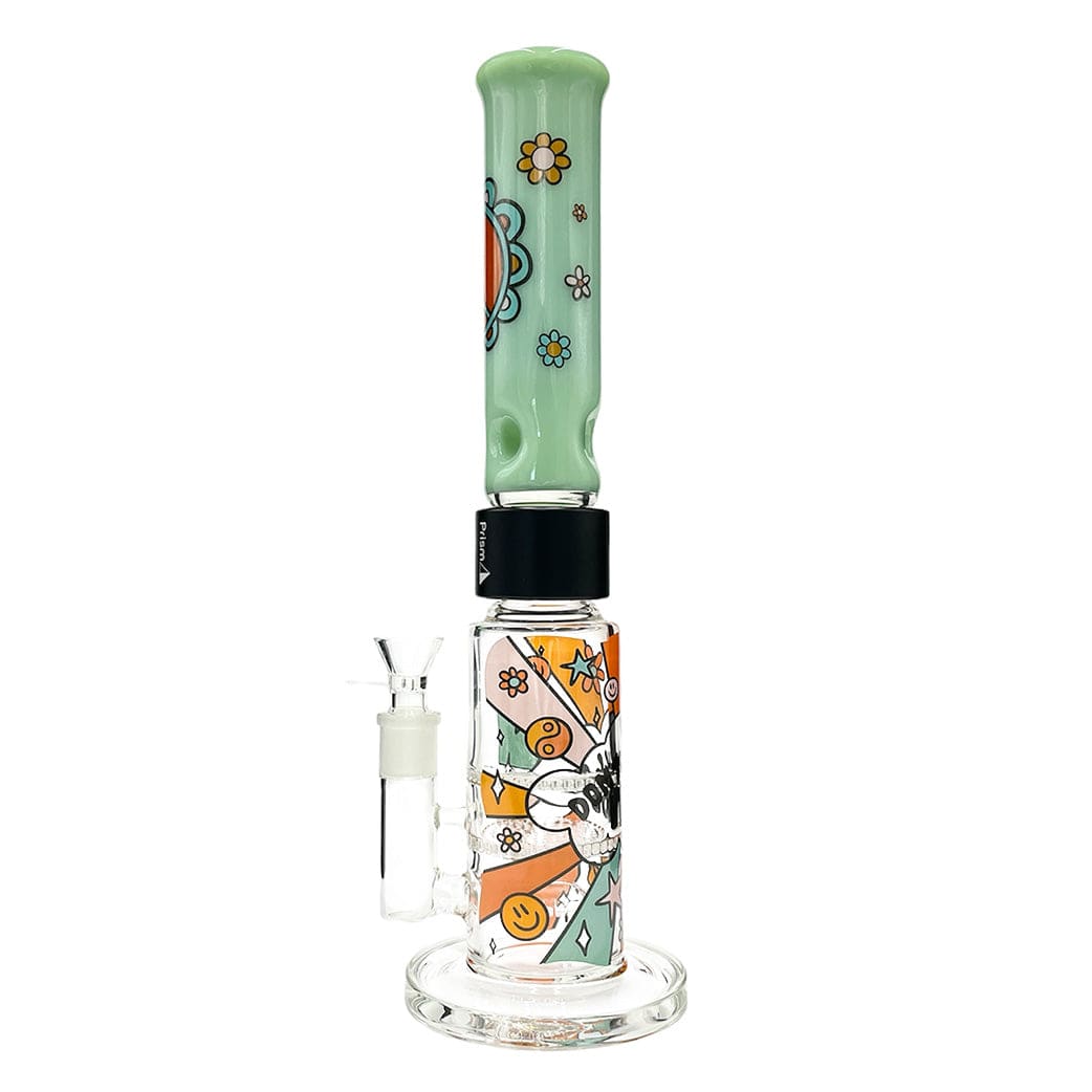 Straight-on studio shot of the Prism Flower Power Big Honeycomb Single Stack showing a mint green floral-decorated neck above a clear glass chamber with colorful retro flower and smiley graphics.