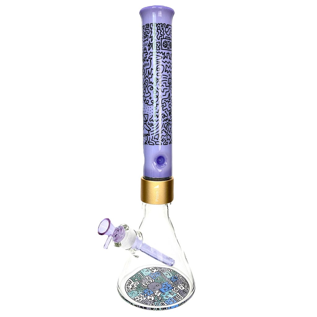 Straight-on view of the Prism Halo Pretty Done Beaker Single Stack showing a tall purple patterned neck, gold band, and clear beaker base with colorful decal.