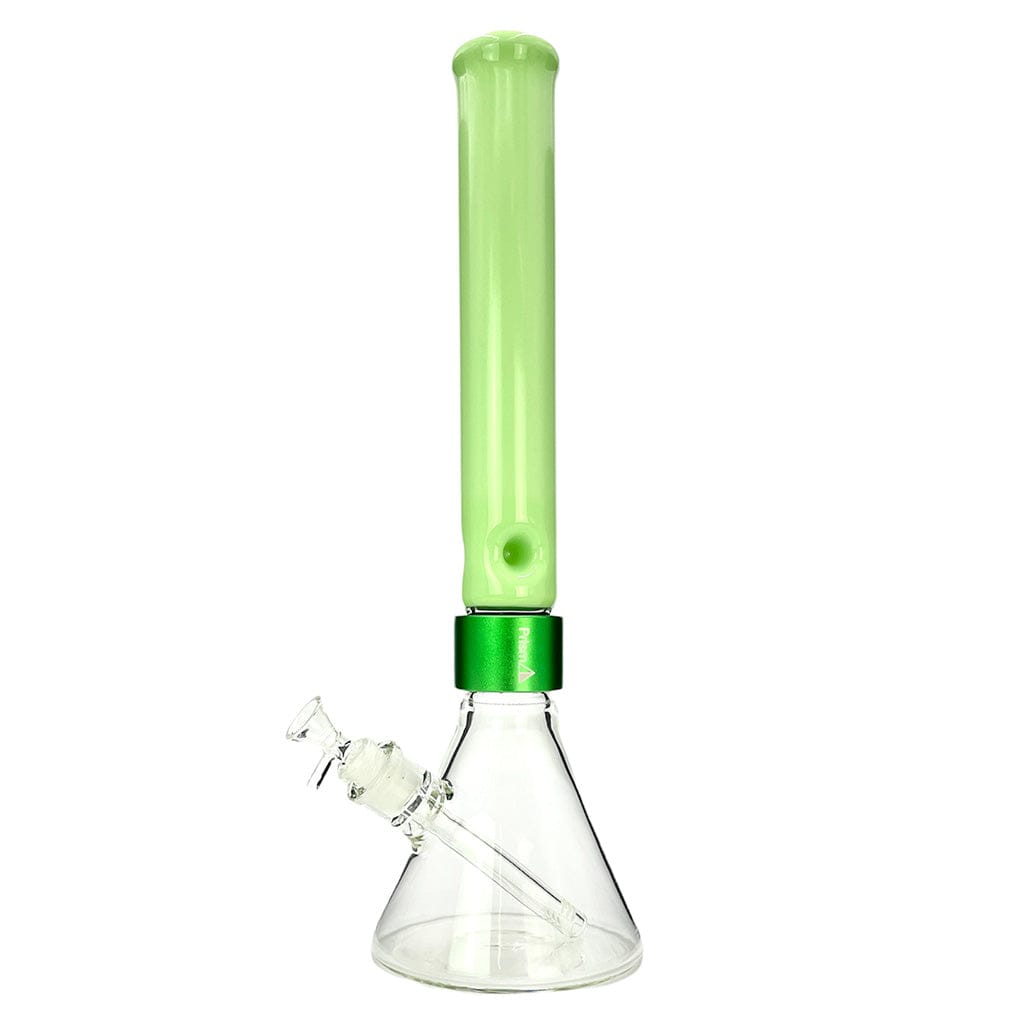 Straight-on view of the Prism Halo Tall Beaker Single Stack showing a clear glass beaker base with a green/ key lime tall cylindrical neck and metallic green joint ring.