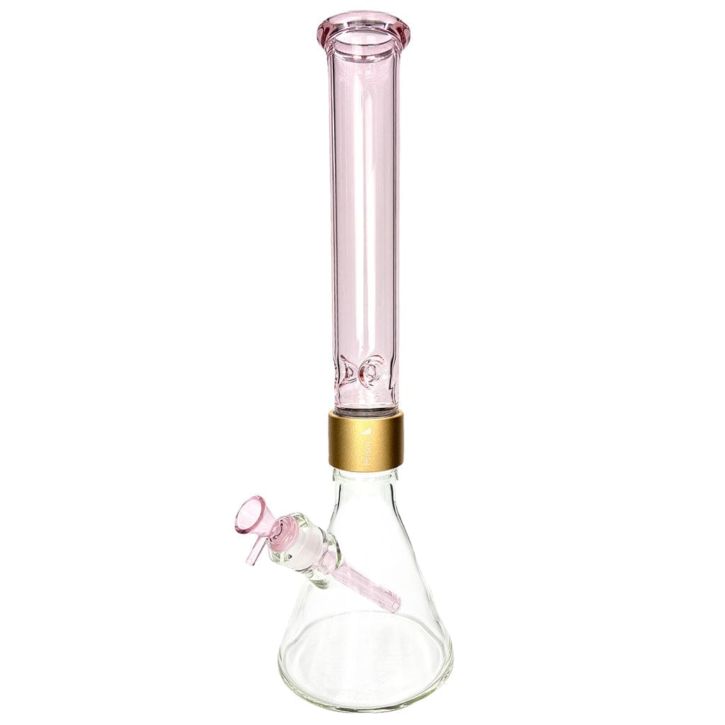 Tall front view of the Prism Halo Pink Lemonade Beaker Single Stack showing a clear beaker base, pink straight neck, and gold band connector.