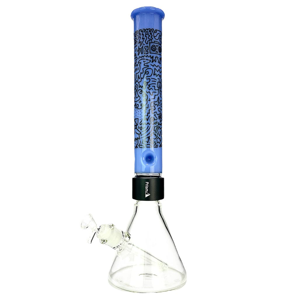Front view of the Prism Halo Pretty Done Beaker Single Stack showing a clear glass beaker base with a tall blueberry-blue patterned tube and black connector.