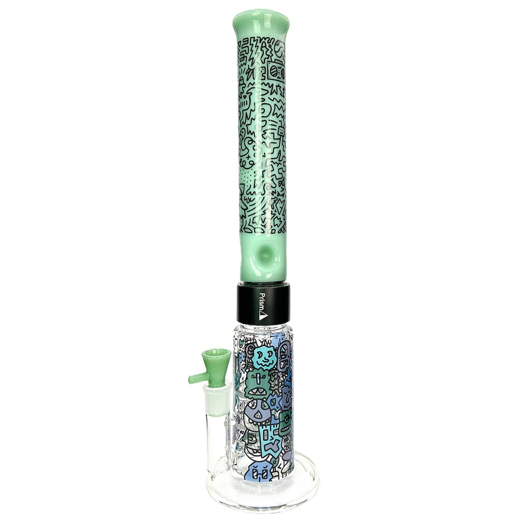 Straight-on view of the Prism Halo Pretty Done Big Honeycomb Single Stack standing on a white background, showing mint-green patterned mouthpiece, black stack connector, and doodle-illustrated chamber.