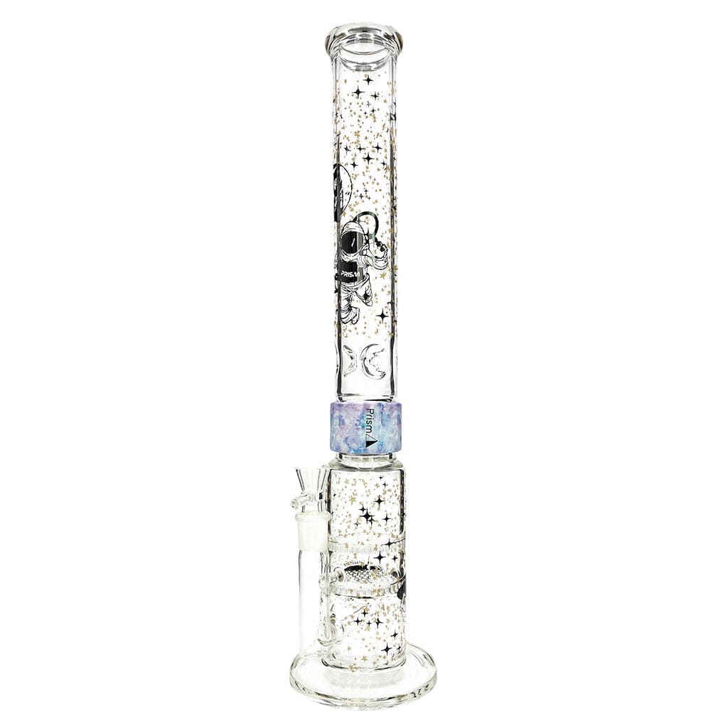 Straight-on studio view of the Prism Halo Spaced Out Big Honeycomb Single Stack showing a tall clear glass tube with gold star flecks, astronaut graphics, and a blue iridescent midsection.