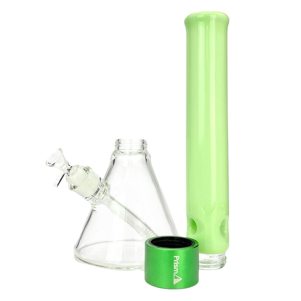 Diagonal view of the Prism Halo Tall Beaker Single Stack showing a clear glass conical base, a vertical mint-green tube, and a green metal ring.