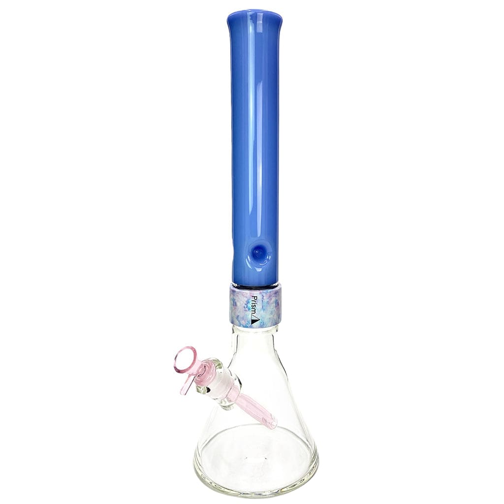 Straight-on view of the Prism Halo Tie Dye Beaker Single Stack showing a tall blue mouthpiece, iridescent tie-dye collar, clear beaker base, and a pink angled bowl.