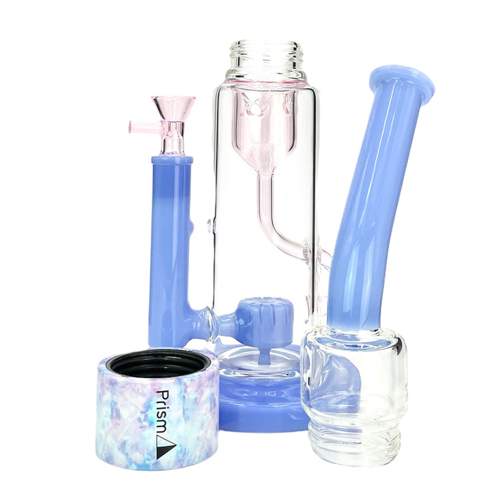 Front-facing studio shot of the Prism Klein Incycler Single Stack showing a clear central chamber with pastel blue and pink glass components and a marbled branded base.