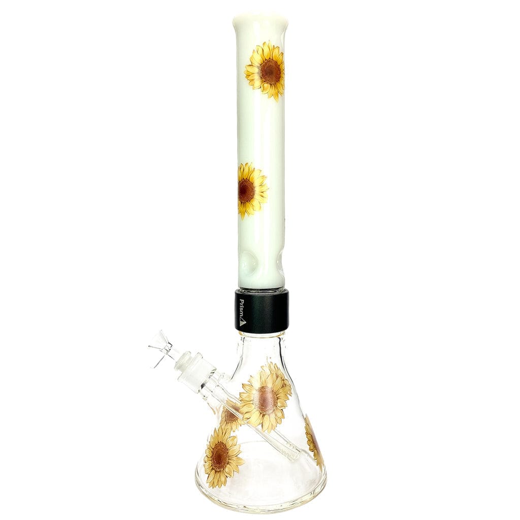 Front view of the Prism Sunflower Beaker Single Stack showing a clear beaker base and tall white neck decorated with repeated sunflower decals.
