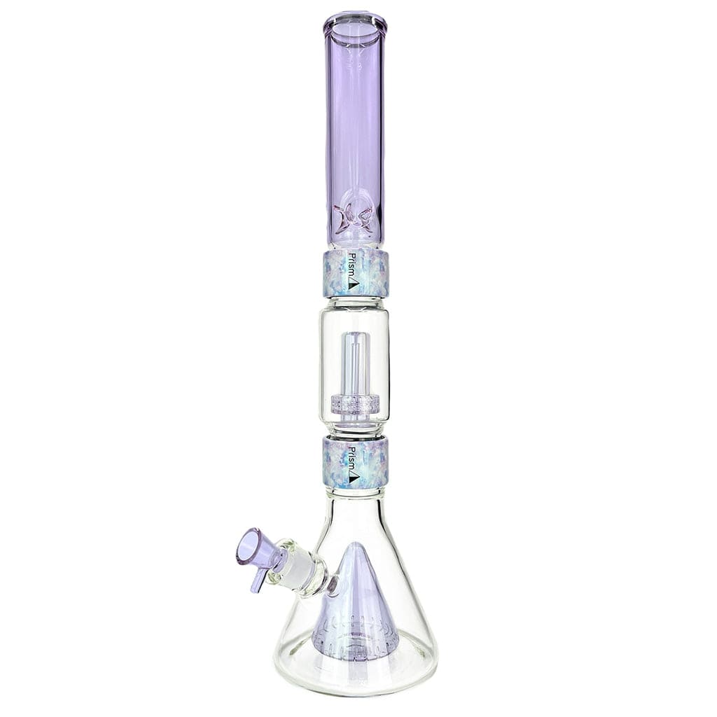 Straight-on studio view of a Tie Dye/Grape Jolly Rancher Prism Percolated Beaker Double Stack showing its tall purple neck, stacked percolator chambers with iridescent bands, and clear beaker base.