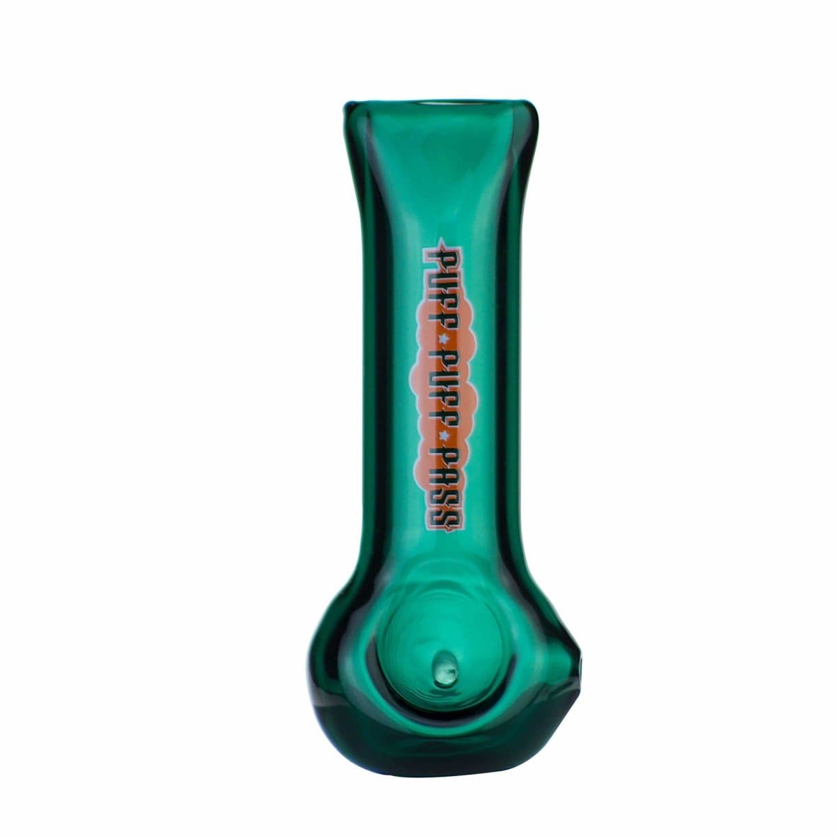 A studio shot of the “4” Spoon Pipe, a curved glass pipe presented against a plain white background.