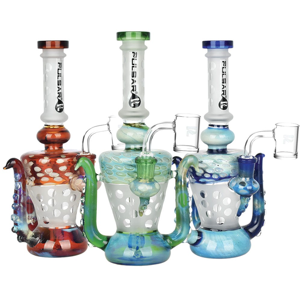 Front view of the Pulsar Intercosmic Tentacles Dab Rig, displaying a colorful, textured glass rig with a unique, tentacle-like design.