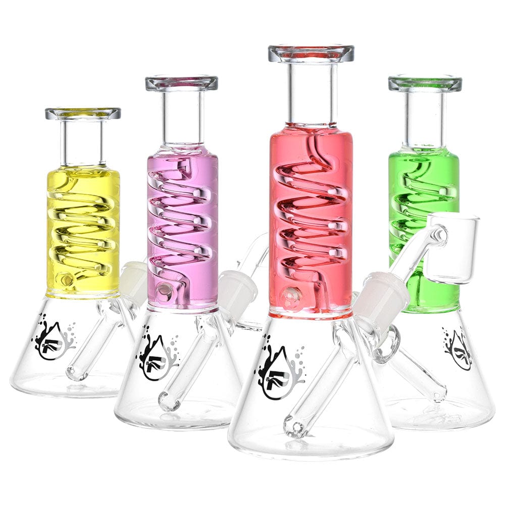 A front view of the Mini Glycerin Coil Beaker Dab Rig, showcasing the clear glass beaker with a coiled glycerin design.