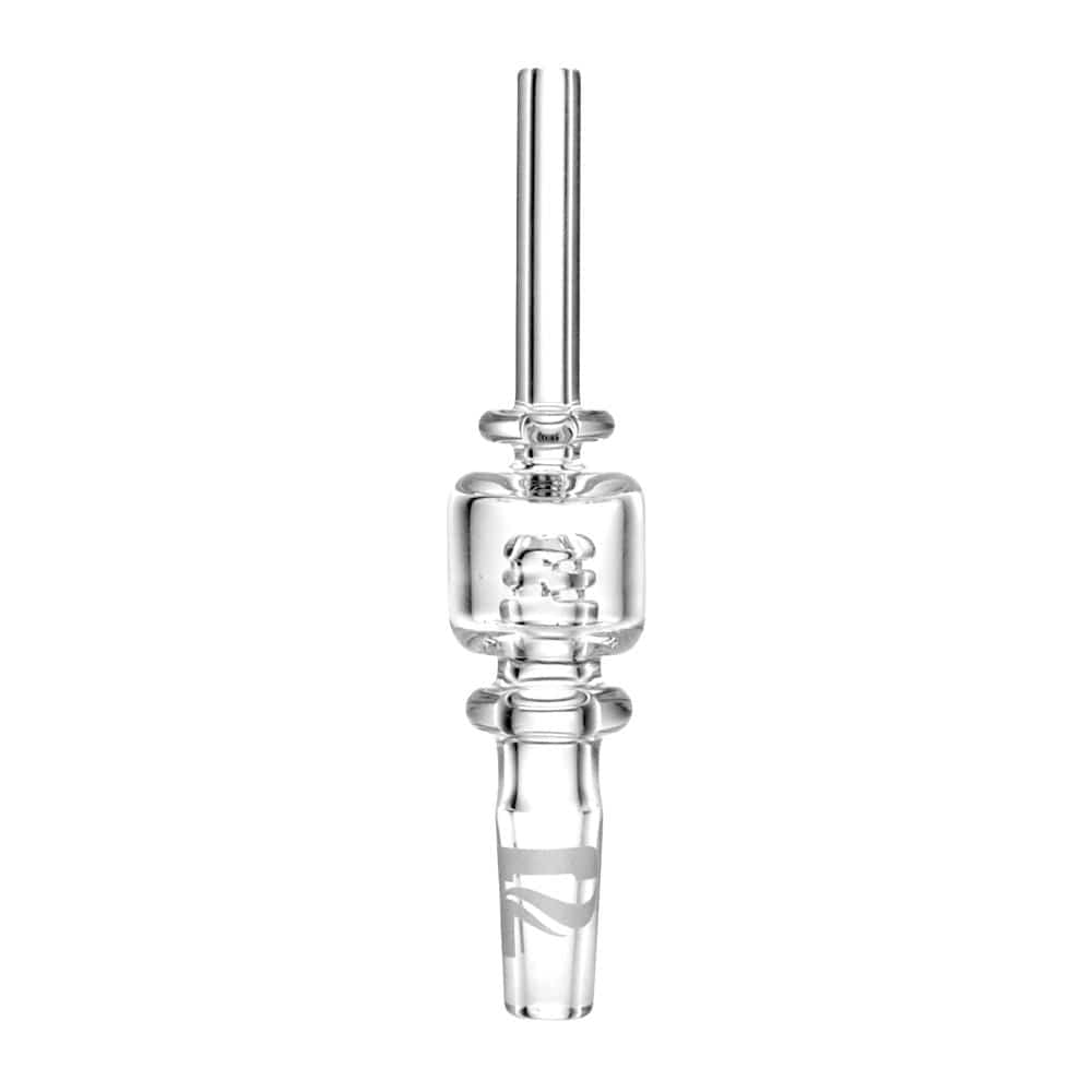 A close-up, angled view of the Pulsar Quartz Vapor Straw Tip w/ Honey Catcher, showcasing its clear quartz construction.