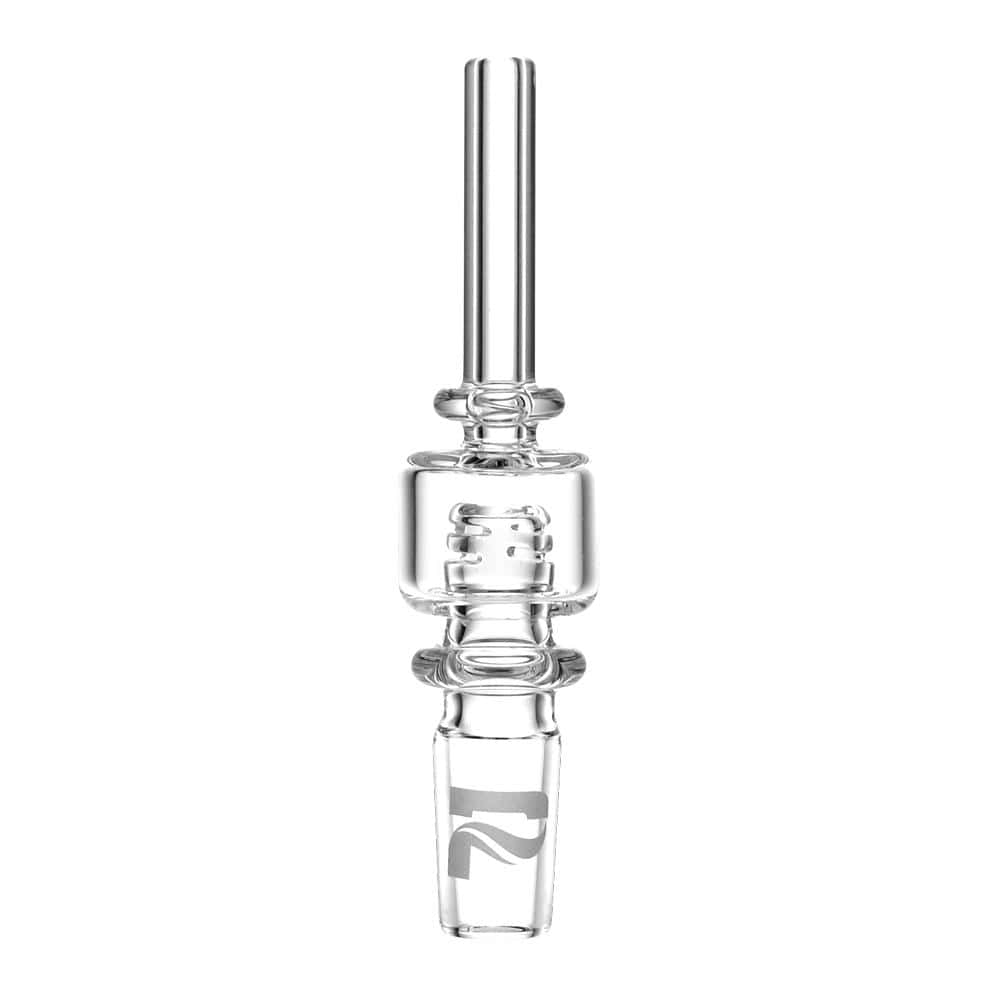 Close-up of the Pulsar Quartz Vapor Straw Tip w/ Honey Catcher, showing its clear glass construction and angled tip.