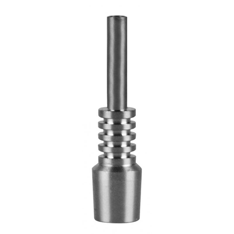 A close-up, angled view of the Pulsar RIP Silicone Vapor Vessel 10mm Titanium Nail, displaying its metallic finish and slender shape.