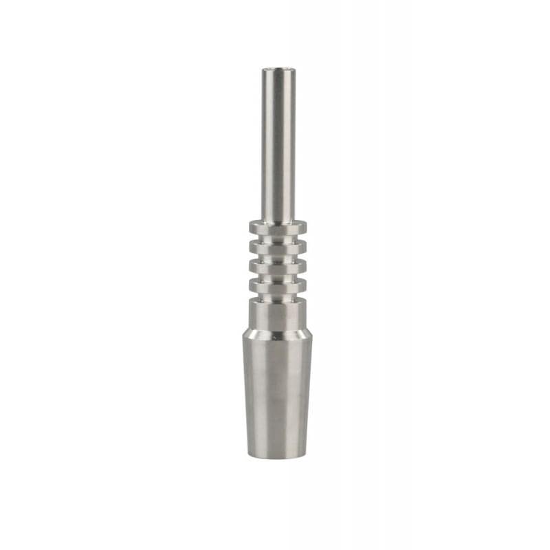 Center-aligned studio shot of the Pulsar Vapor Vessel Titanium Tip showing its brushed metal finish and ribbed midsection.