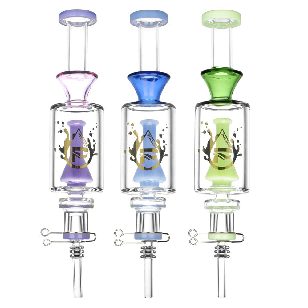 A front view of the Pulsar Beaker Perc Vapor Vessel 2.0 with a clear quartz tip, showcasing its sleek, cylindrical design.