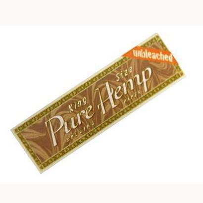 A close-up, angled view of the Pure Hemp Unbleached King Size Rolling Papers packaging, displaying the brand’s logo and product name.