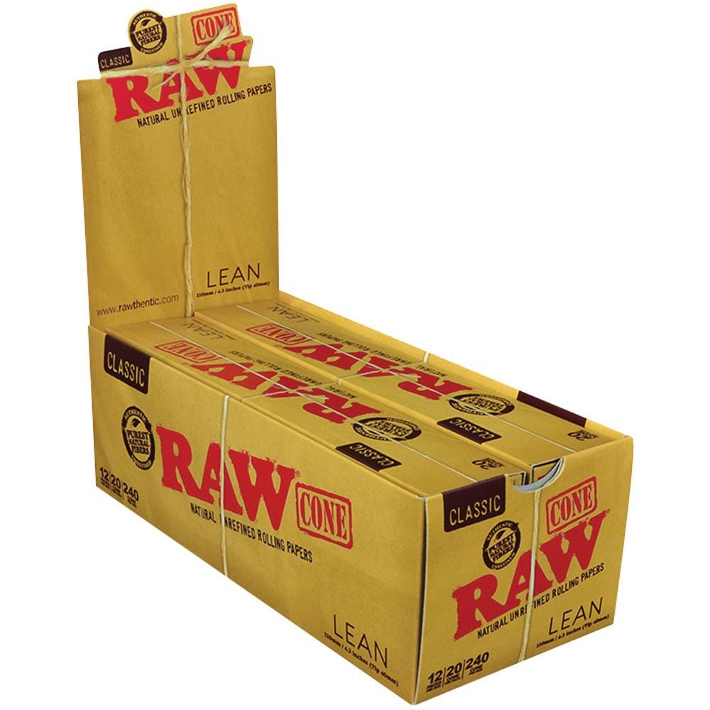 A stack of RAW Classic Lean Cones is shown in a slightly angled, close-up view, displaying the branded packaging and cone sleeves.