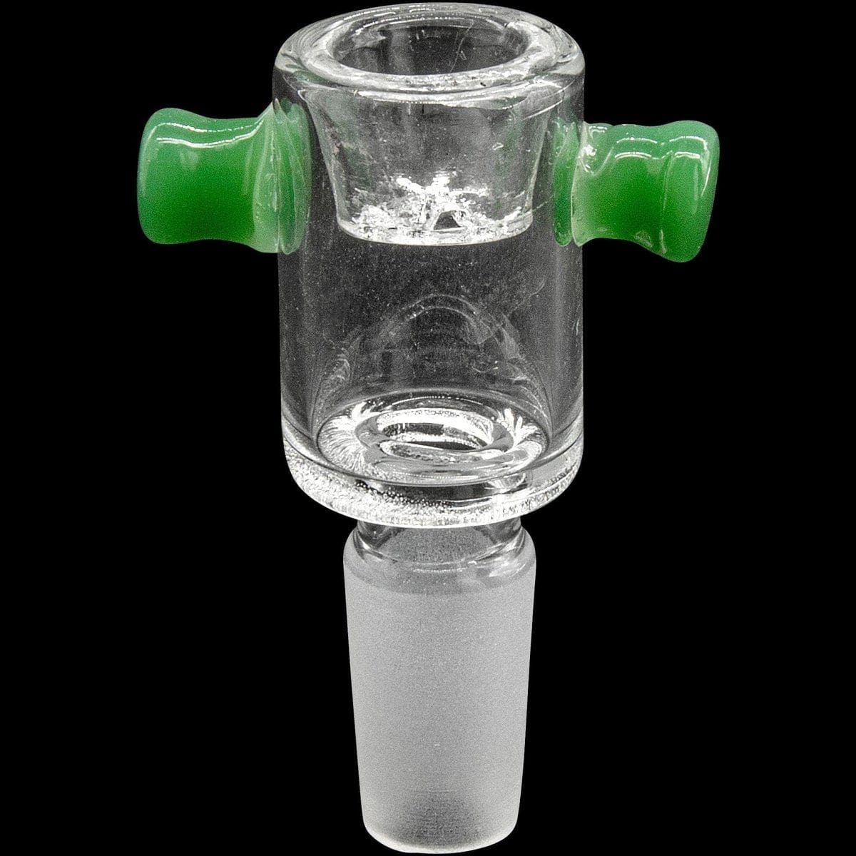 Close-up front view of the Honeycomb Cylinder Bowl with Handles showing a clear glass cylindrical bowl with two small green handles against a black background.
