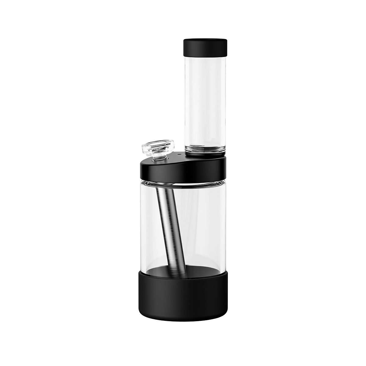 Front view of a silver Capsule Bong showing its clear cylindrical water chamber and mouthpiece with black accents against a white background.