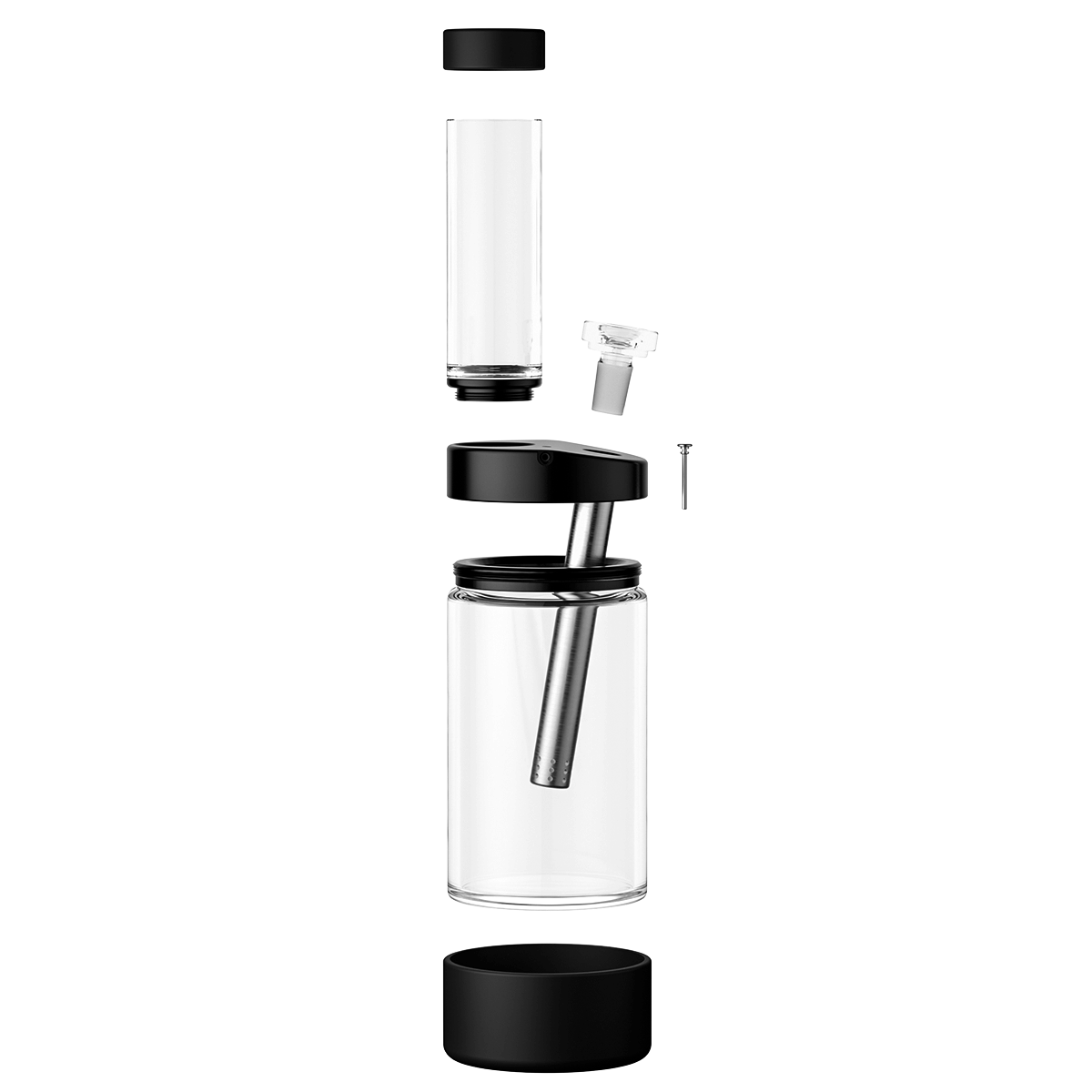 Vertical exploded view of the Capsule Bong showing its clear glass chamber, black top and base, angled metal downstem and small glass bowl suspended against a white background.