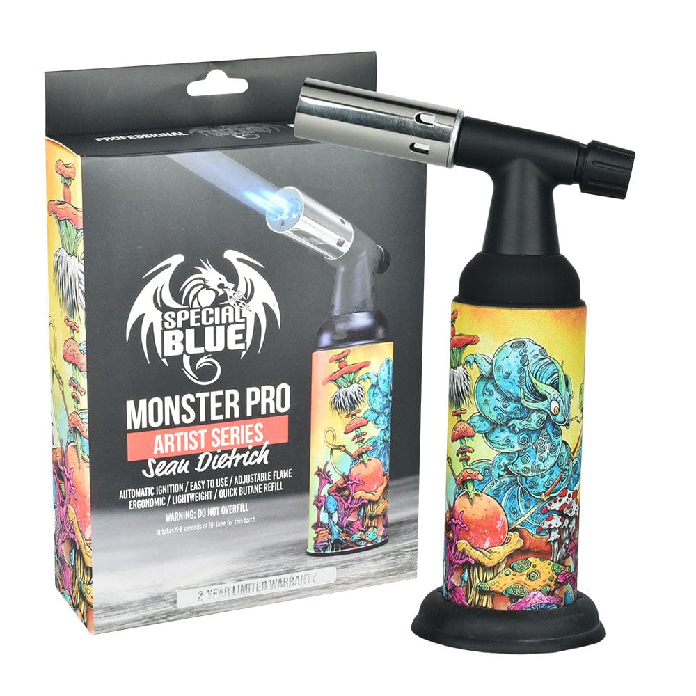 A front view of the 8” Special Blue Sean Dietrich Monster Pro Torch Lighter, showcasing its sleek black body and branded details.
