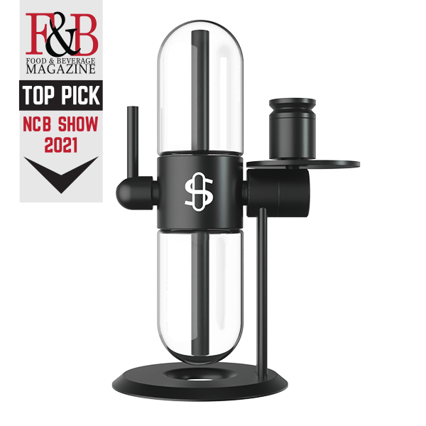 Front-facing view of the St?ºndenglass Gravity Infuser in matte black with dual glass chambers on a round base, shown against a white background