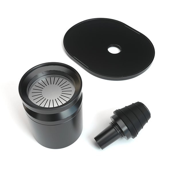 Top-down view of the Stündenglass Gravity Infuser disassembled into three black matte parts on a white background.