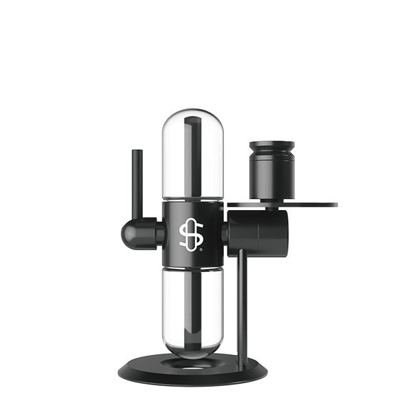 A slightly angled view of the Stündenglass Kompact Gravity Infuser, showing its black glass globes connected by a metal support.