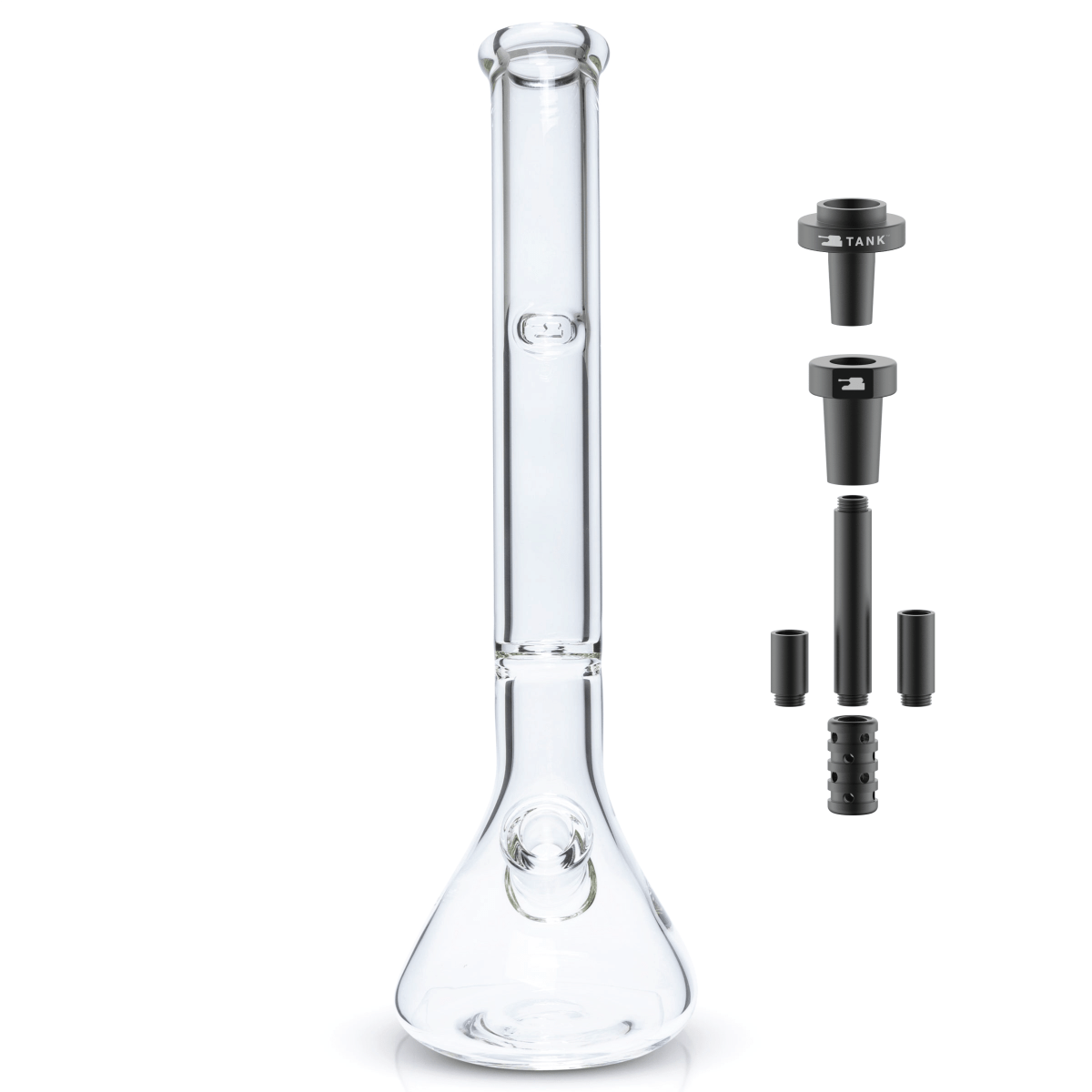 Front view of the Tank MAX Bundle - 18 Inch with a clear glass body and several detachable pieces arranged below it.