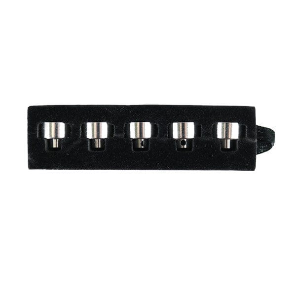 A close-up, top-down view of the Yocan Evolve Plus Coil Cap 5-Pack, showing the metallic caps arranged in a row.