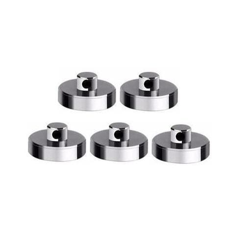 A top-down view of the five Yocan Evolve Plus XL Coil Caps, appearing as silver metallic discs on a plain white background.